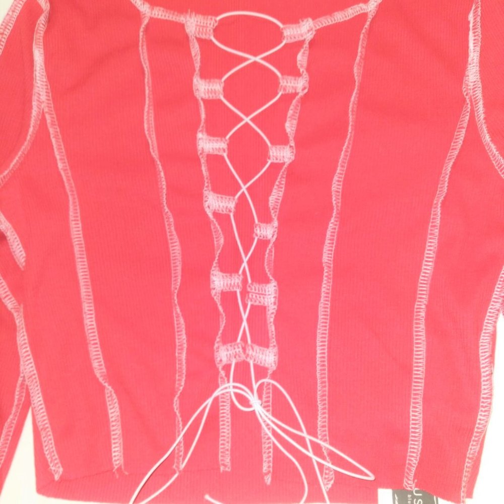 "'New" Blush-Mark Women's Red And White Lace Up Long Sleeve Top- Size Small